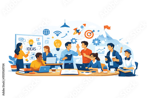startup office workplace illustration, young entrepreneurs brainstorming business ideas, professional vector