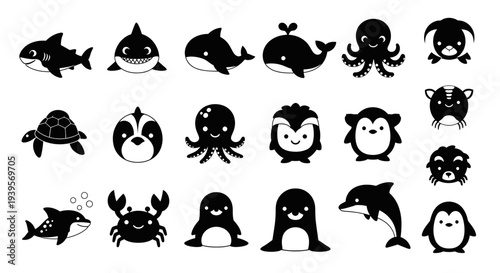 Collection of Simple Black Sea Creatures.