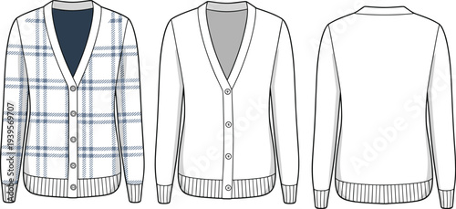 Three views of a white and blue checkered cardigan with a v-neck and buttons worn over a dark