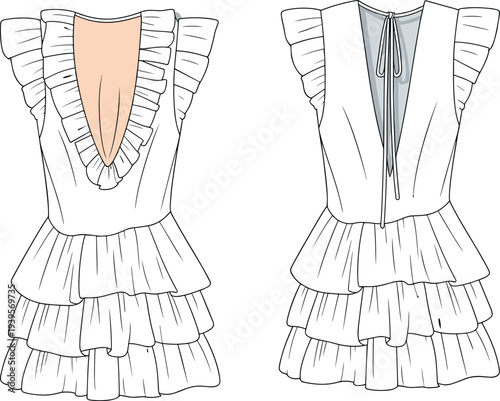 Two Dress with Ruffled Sleeves and Tiered Skirts Featuring Different Back Styles fashion back detail