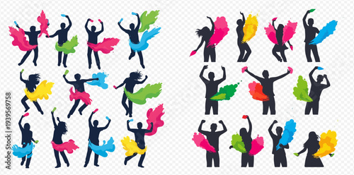 Holi festival celebration with dancing people silhouettes throwing colorful powder.