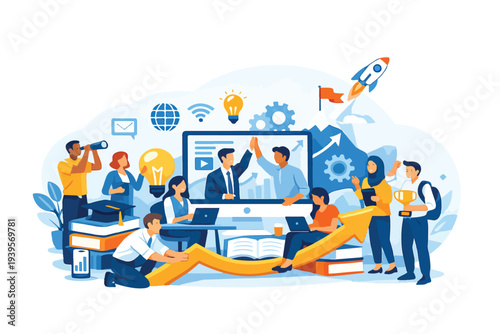 Wallpaper Mural teamwork success illustration, diverse business team working together to achieve goal, modern corporate flat vector Torontodigital.ca