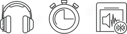 Set of icons representing audio, time, and sound control for digital media.