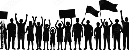 Protest crowd silhouette vector illustration showing diverse people holding flags and signs at political rally, social justice movement, strike demonstration.