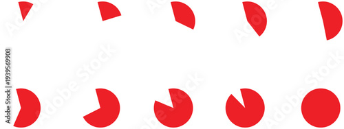 progressive red circular fraction shapes arranged in sequence on white background showing gradual increase of filled segments from small portion to complete circle, abstract educational design for mat