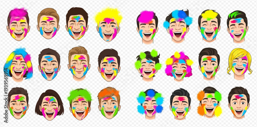 Set of diverse happy faces celebrating Holi with colorful powder paint on their cheeks and hair.