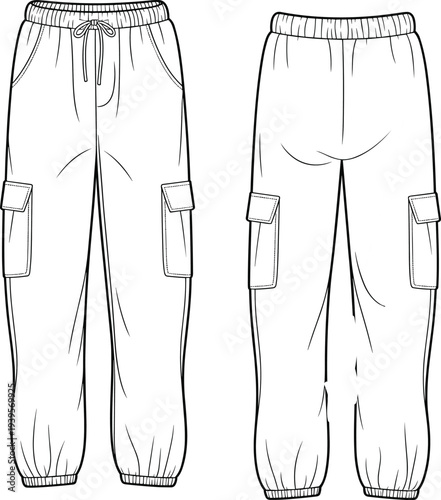 Two pairs of black cargo sweatpants with drawstrings and pockets on the sides cargo pants