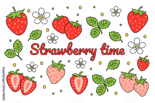 Fresh strawberry set with ripe berries leaves bright summer fruit collection