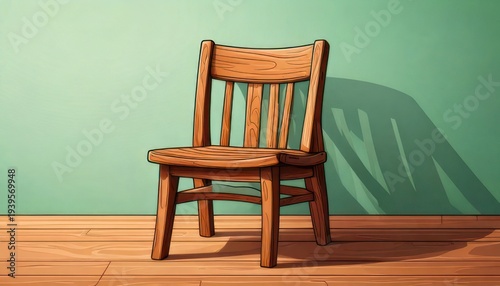 Illustration of a wooden chair against a green wall.
