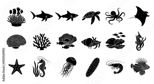 Collection of Various Black Sea Creatures Silhouettes.