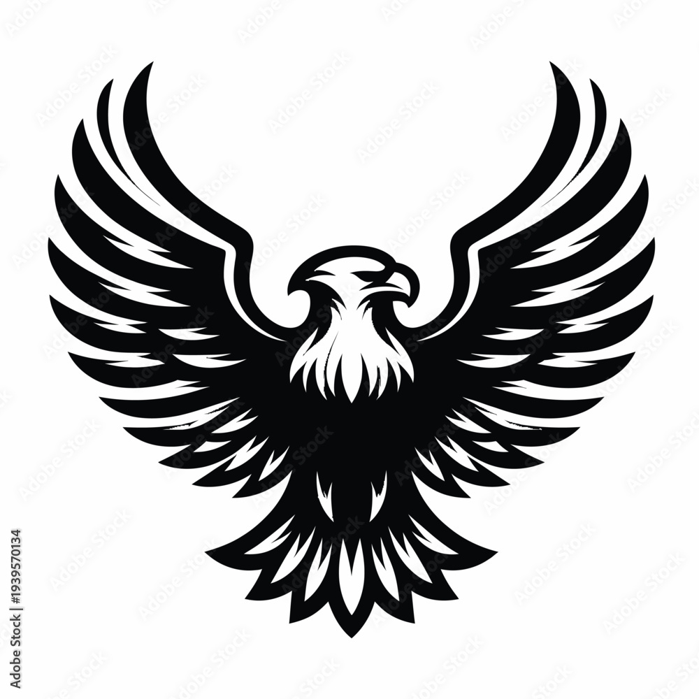 Fototapeta premium A black and white vector illustration of an eagle with outstretched wings, icon set design on a clean white background.