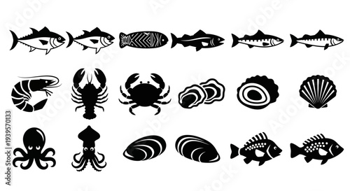 Collection of Various Black Sea Creatures Silhouettes.