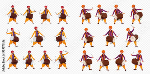 Set of Indian Punjabi Bhangra Dhol Drummer Dancers in Traditional Outfits Performing Folk Dance.