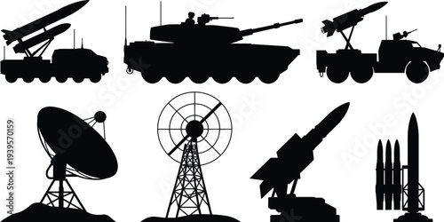 Military defense system silhouette vector with tank missile launcher radar station and armored vehicle for army warfare and national security.