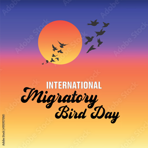 International Migratory Bird Day Poster with Flying Bird Silhouettes and Sunset Gradient Background