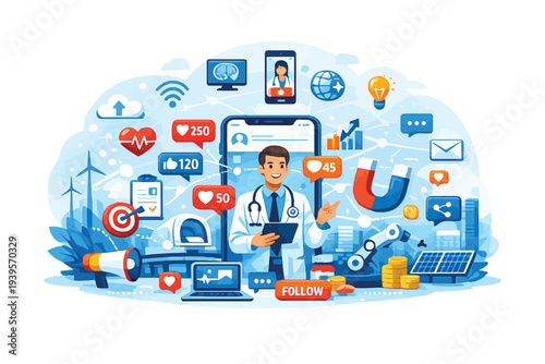 social media marketing vector concept illustration, smartphone with engagement icons