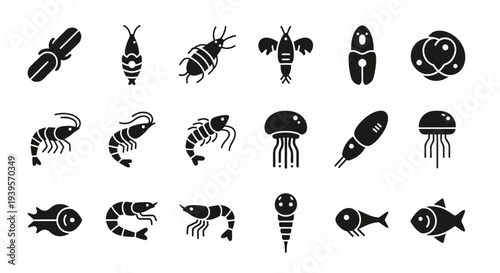 Collection of Various Black Silhouette Marine Life.
