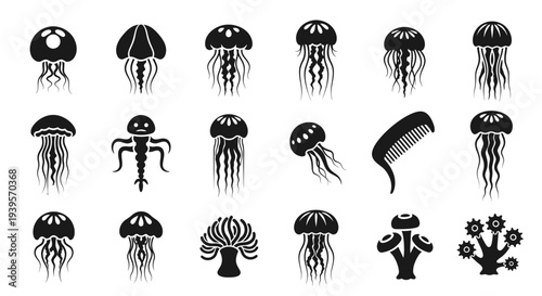 Collection of Various Black Silhouette Jellyfish Illustrations.