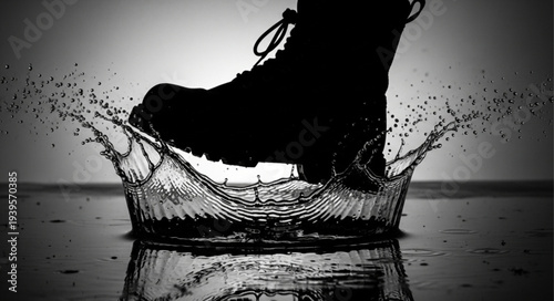 Close-up of a Shoe Stepping on Water Surface.