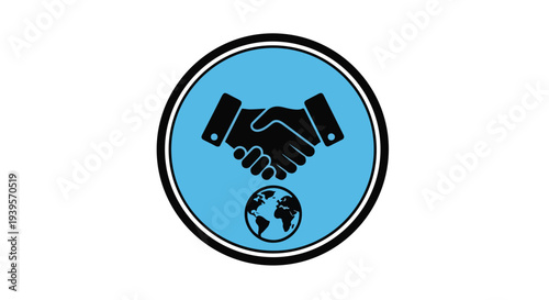Flat design logo of two hands shaking over a globe on a blue background with black outline.