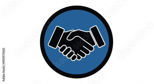 A blue circle icon with a handshake graphic outlined in white and black on a plain white background.