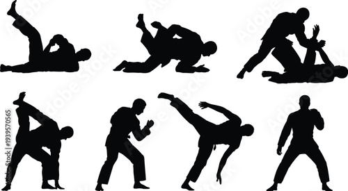 Martial, arts, silhouette, set, karate, judo, jiu-jitsu, fighter, combat, training, kicking, punching, grappling, defense, sport, athlete, warrior, vector, action, collection.