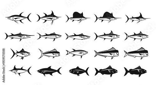 Collection of Various Fish Silhouettes.