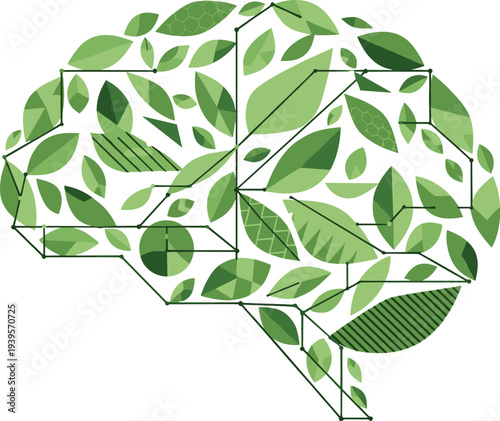 Green Artificial Intelligence Brain with Leaf Pattern Sustainable Technology Environmental Innovation Concept Illustration