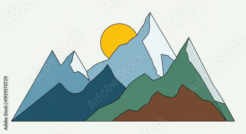 Stylized Mountain Landscape with Sun and Peaks.