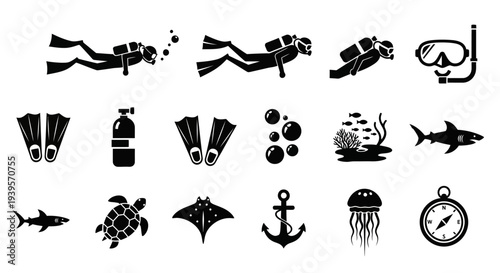 Underwater Exploration Icons Set Black Silhouettes.