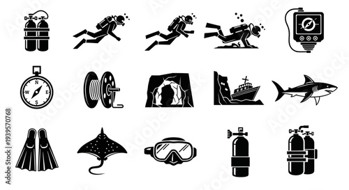 Scuba Diving Icons Set Black Silhouettes.
