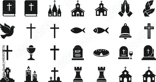 Christian Religion and Church Icon Set Featuring Crosses Bibles Gravestones Peace Doves Holy Chalice Fish Symbols and Funeral Cemetery Elements Silhouette