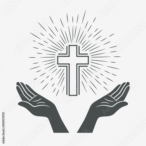 Vector Black and White Open Hands Silhouette with Cross and Rays. Symbol of Faith and Prayer. Design Template for Church Logo. Prayer, Religion Concept. Monochrome Cut Out Icon. Vector Illustration