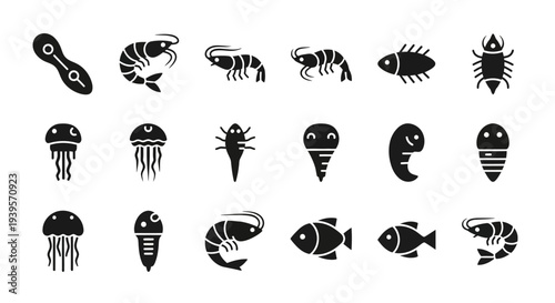 Various Black Silhouette Marine Life Icons.
