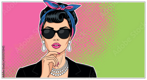 Pop art retro woman portrait with sunglasses headscarf stylish female character comic style fashion vector illustration