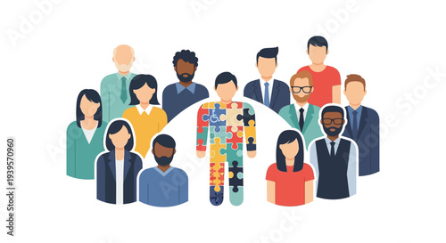 Diverse Community Surrounding Puzzle Person Representing Inclusion, Autism & Disability Awareness