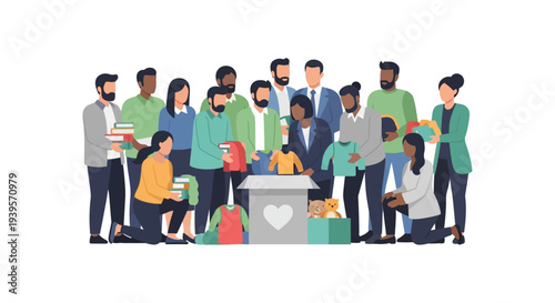 Diverse Community Group Donating Clothes, Books, and Toys to Charity Box - Volunteering, Support, and Social Responsibility Concept