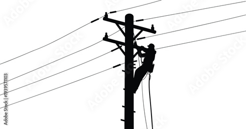Electrician utility worker silhouette climbing power pole repairing high voltage lines, professional lineman maintenance service, electrical infrastructure industry vector illustration.