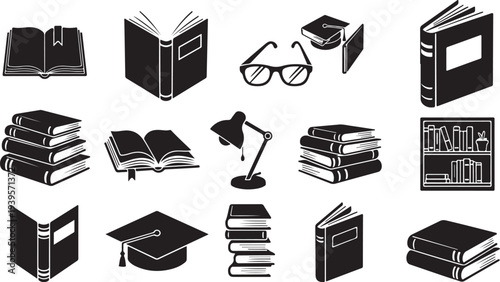 Education icons with books, graduation cap and lamp