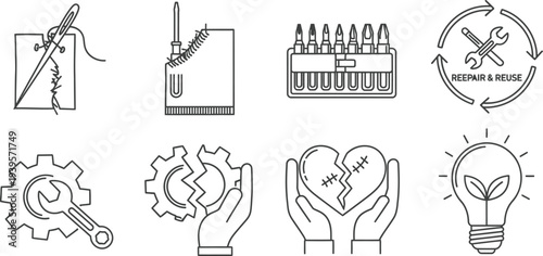 Collection of icons representing repair, maintenance, and creative solutions.