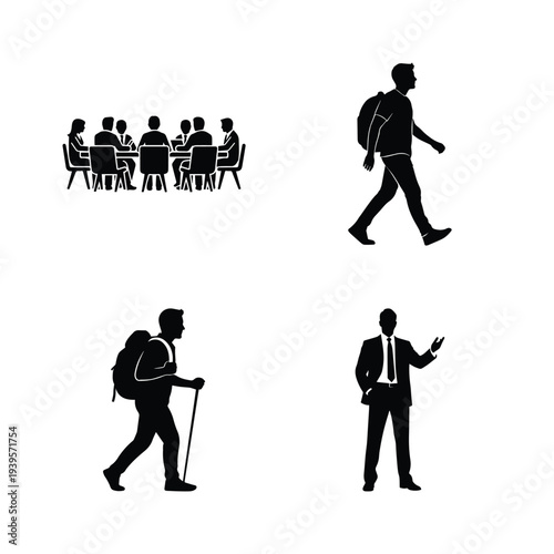 Silhouette icons of business team meeting and professionals on the go