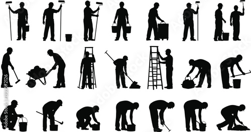 Set of painter and repairman silhouettes using rollers, ladders, wheelbarrows, and tools for home improvement, renovation, and construction site work