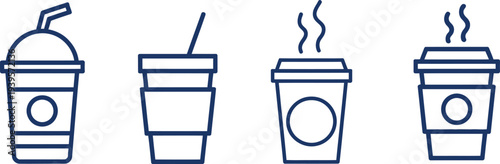 Four dark blue outline beverage cups with straws and steam