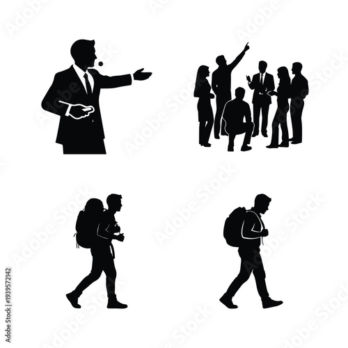 Silhouettes of business professionals and travelers in various poses