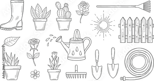 Gardening Line Icon Vector Set with Plants, Watering Can, Shovel, Rake, Fence and Garden Tools Outline Symbols