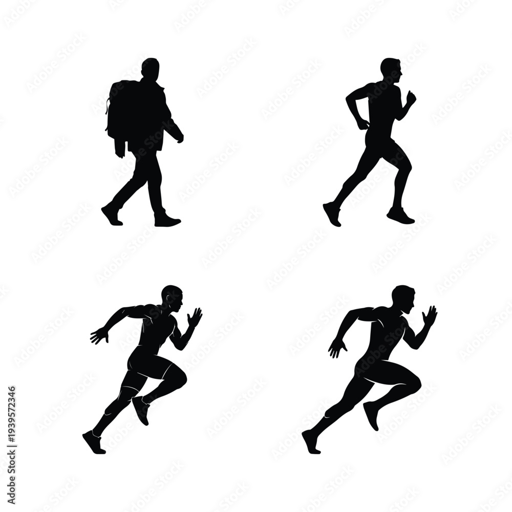 Fototapeta premium Silhouettes of man running and walking in various dynamic poses