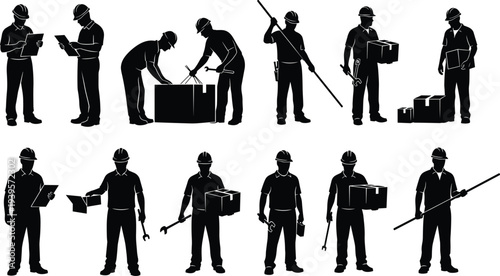 Set of male worker silhouettes wearing hard hats, carrying boxes, holding tools, using clipboards, and performing manual labor in warehouse