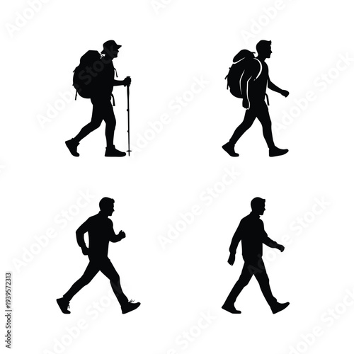 Silhouettes of hikers and walkers with backpacks on white background