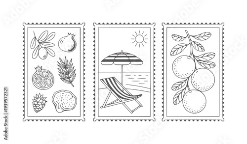 Vintage postcard stamps with fruits and beach scene olive