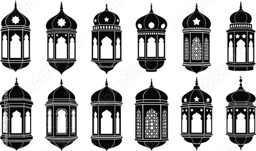 Set of Arabic Lantern Silhouettes for Ramadan Kareem, Featuring Traditional Islamic Fanous Designs, Ornamental Hanging Lamps, and Decorative Middle Eastern Elements